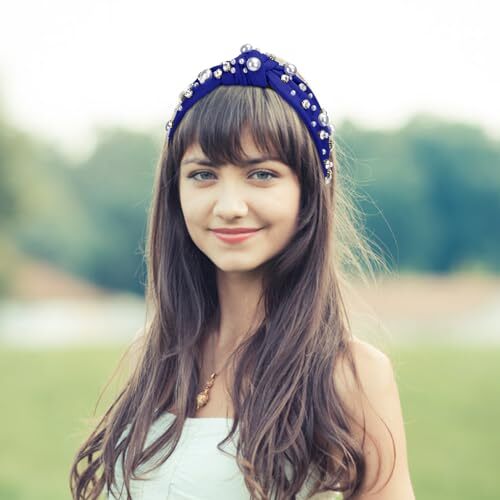 WantGor Pearl Knotted Headband, Women Rhinestone Embellished Hairband Blue - Bild 5 von 6