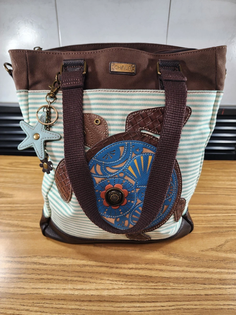 CHALA TEAL BLUE STRIPE SEA TURTLE WORK TOTE PURSE FAUX LEATHER