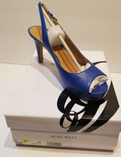 Nine West Able Blue Pebbled Leather Heels  Slingback Peep Toe Platform Size 9M