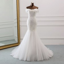 Elegant Mermaid Wedding Dresses Off Shoulder Tulle Sequined Bridal Gowns Train