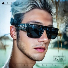 Locs Flat Top Thick Temple All Black Gangster Rectangle Plastic Sunglasses