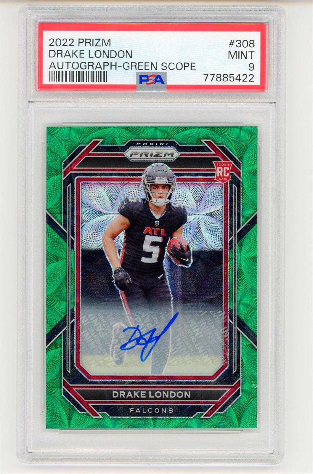 Drake London 2022 Panini Prizm Football Rookie Green Scope Auto #19/75 PSA 9