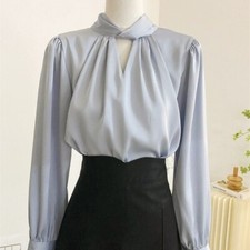 Women Chiffon Shirt Long Sleeves Tops Office Button Blouse