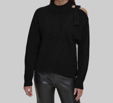 DKNY Women's Black Mixed-Stitch Cold Shoulder Pullover Sweater Size Small