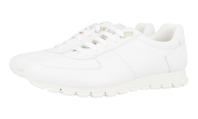 PRADA Leather PRAX RED STRIPE Sneakers - 4E2700 All White NEW -  US 11 EU 44