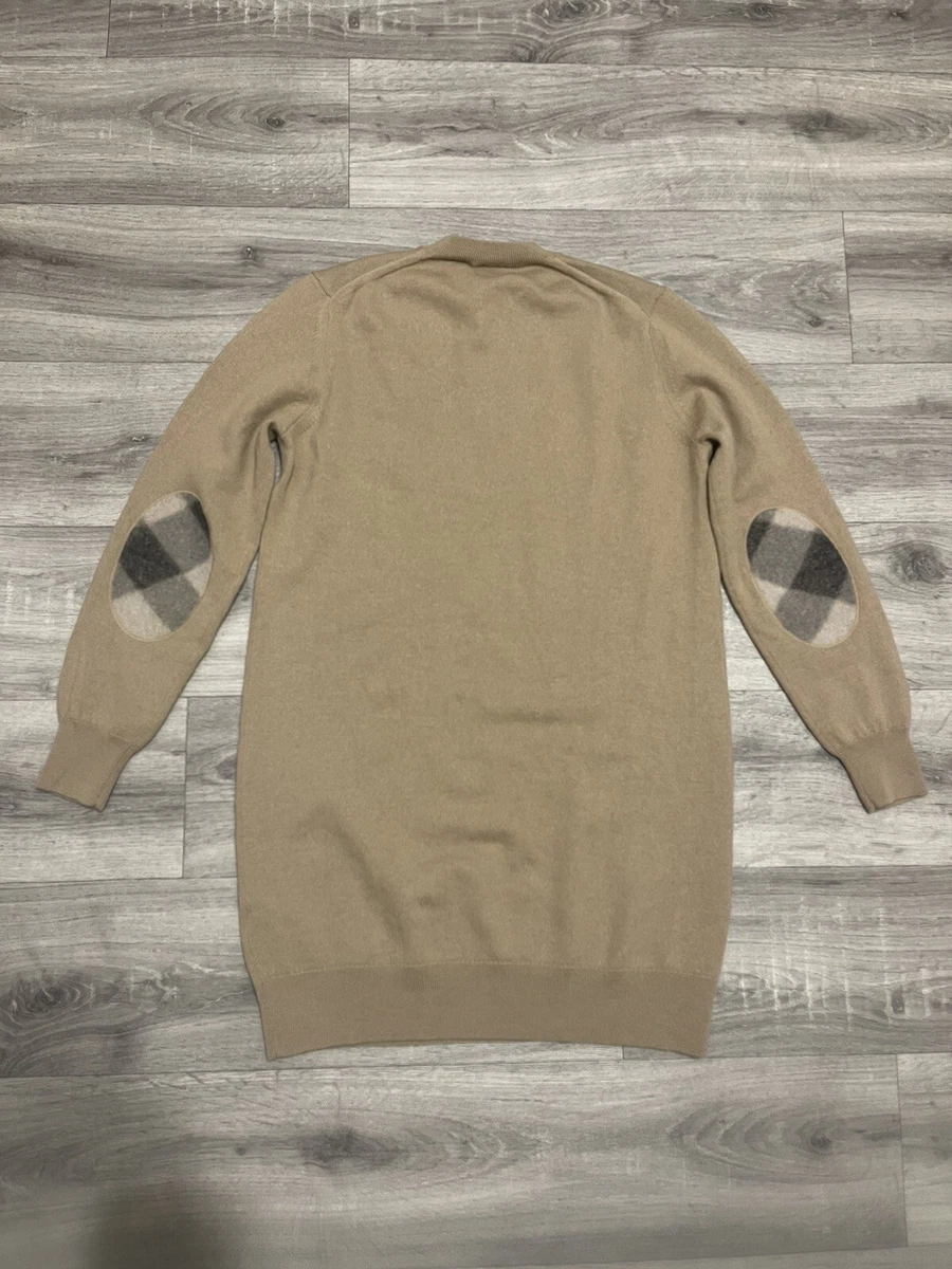 BURBERRY CHECK DETAIL EXTRA FINE MERINO WOOL BEIGE CREW NECK SWEATER SIZE M