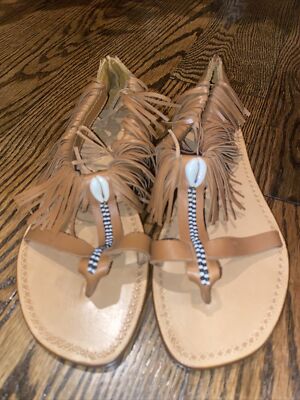 Cuir Veritable Made in Haiti Size 39 Leather Fringe Sandals Beaded Shell