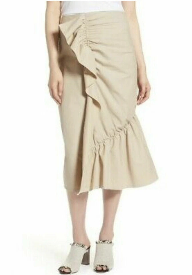 Saia midi frontal com babado halogênio tamanho 16 bronzeado sólido zíper lateral mistura de algodão nova com etiquetas - Imagem 4 de 4