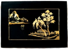 Antique Straw Art Work Asian Oriental Rustic Yellow Sea Landscape on Black Cloth