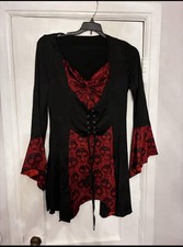 Women's Black Red Vampire Costume Dress with Lace-Up Front, Lace-Up Feature