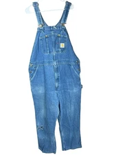 Vintage Carhartt Denim Overalls Men 42x30 Farmer Grunge Workwear Thrashed Blue