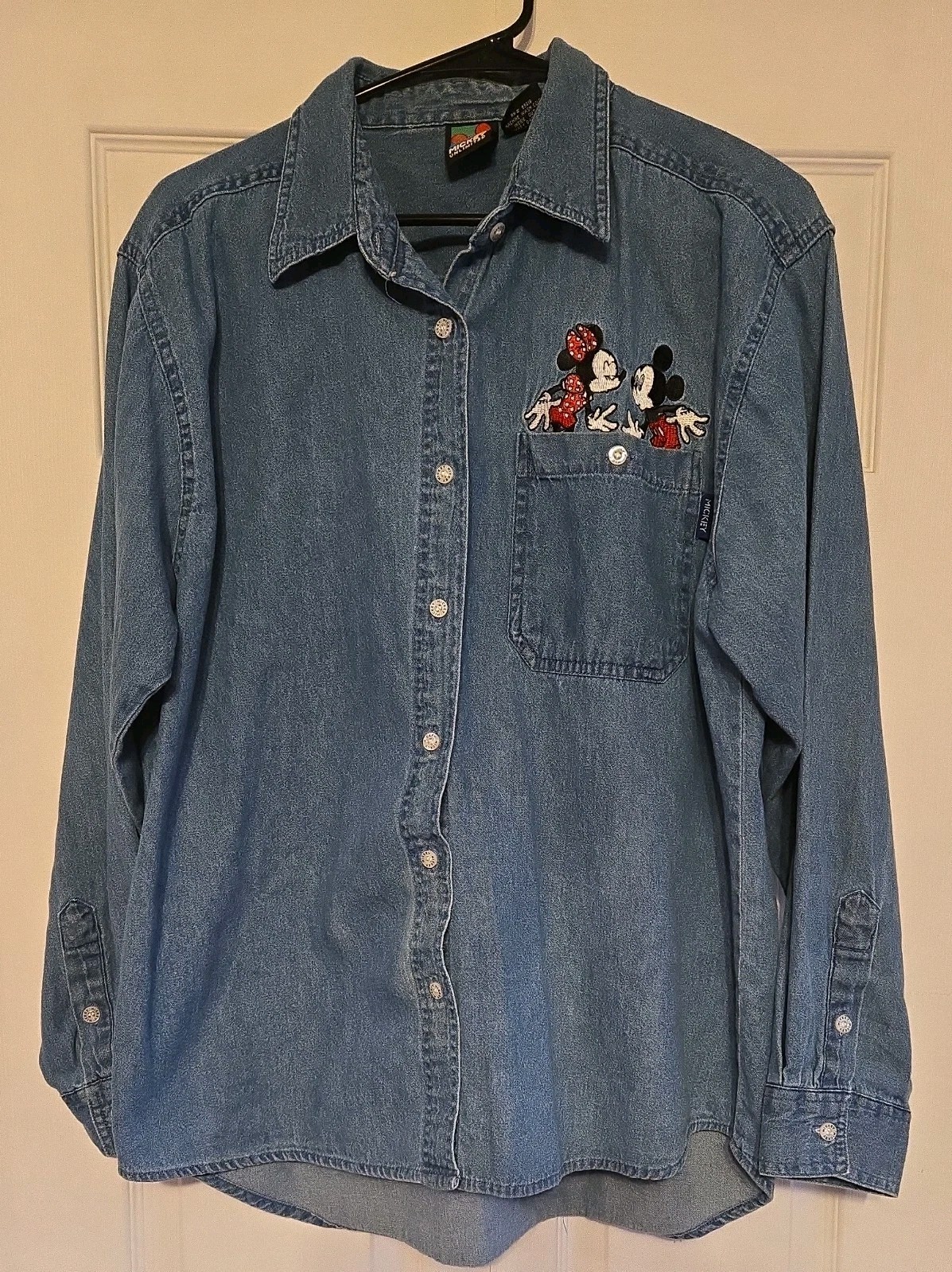 Vtg Mickey Unlimited Denim Button Up Top Womens Large Minnie Embrodered Disney