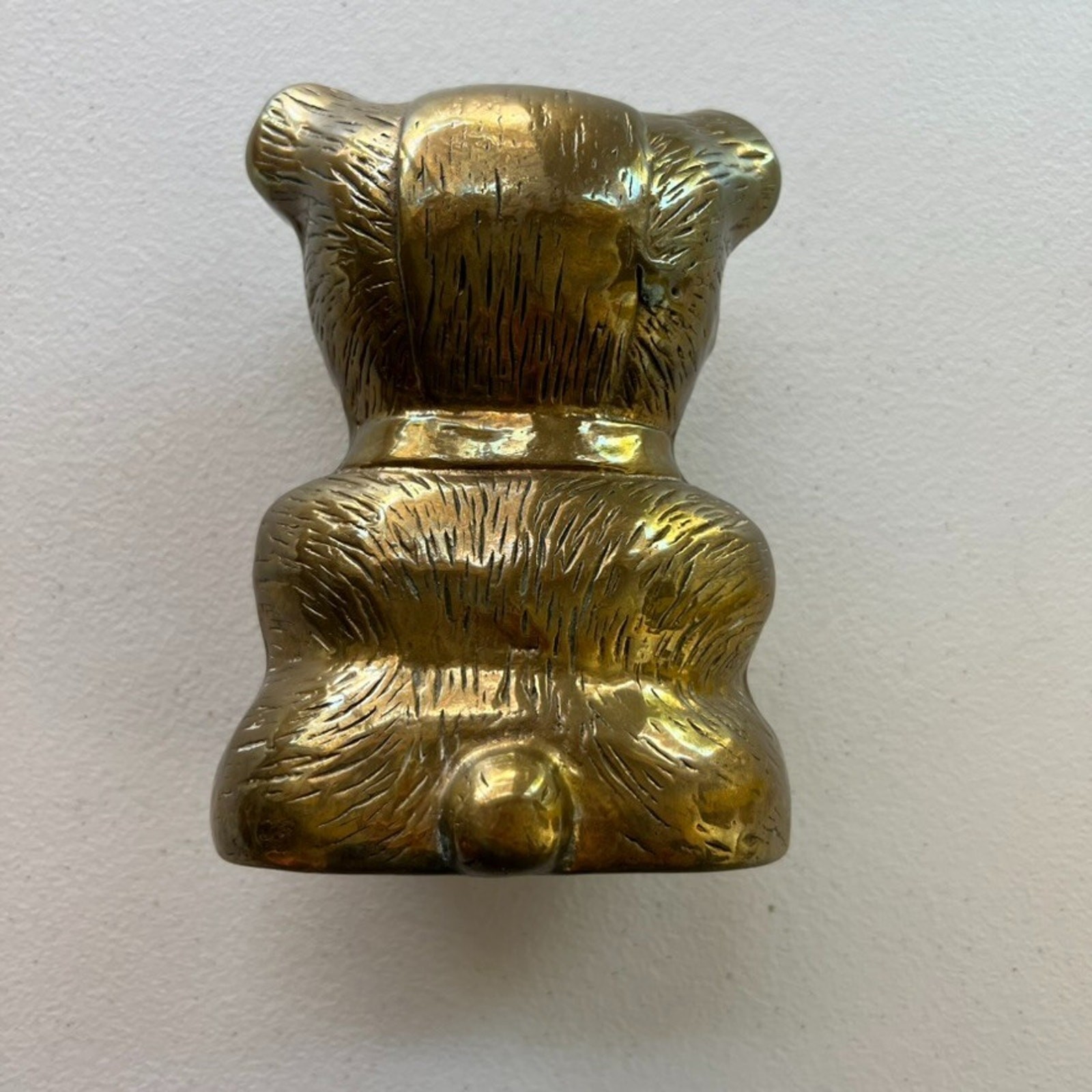 6" Tall Vintage Solid Brass Teddy Bear Coin Piggy Bank (missing plastic plug)