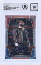 Omos WWE Autographed 2022 Panini Select Red & Blue #74 Beckett Fanatics 10 Card