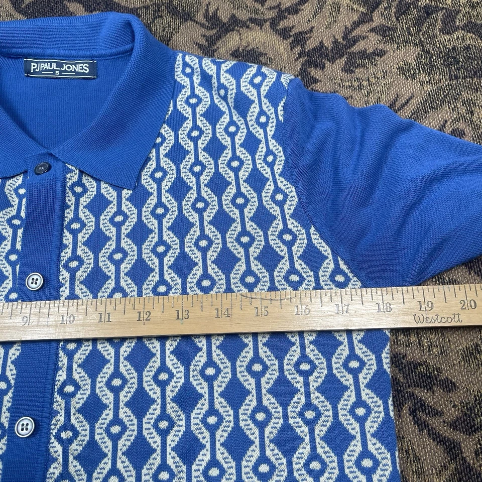 PJ Paul Jones Mens Knit Polo Shirt Size Small Button Up Retro Style Blue Cream - Image 4 of 4