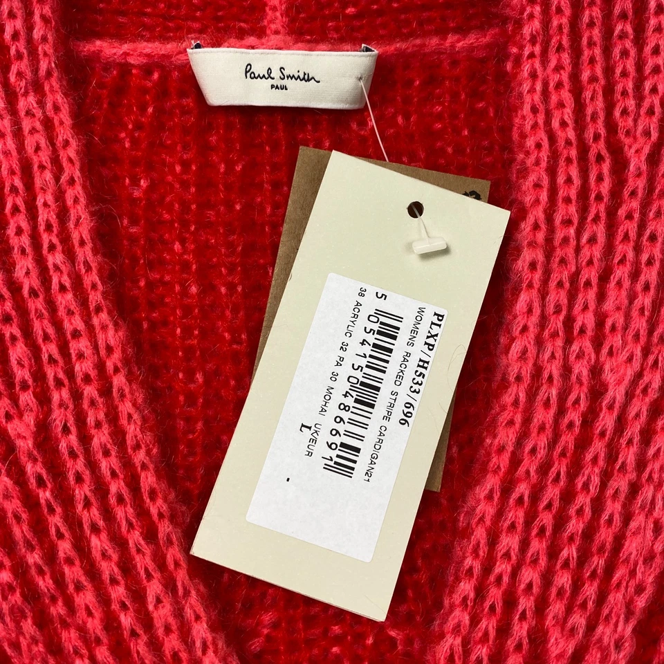 Cardigã feminino Paul Smith listrado em rack tamanho G mistura de mohair vermelho manga longa novo com etiquetas - Imagem 3 de 4