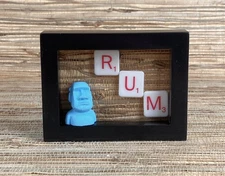 Tiki Crate Art 4" x 3" Framed Tiki Scene Tiny Moai with Rum on a Grass Tiki Bar