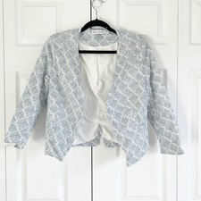 Bishop Young Blue White Printed Open Front Crop Blazer Women's Size Medium M