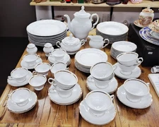 VTG Royal Kent Dinner Ware Poland White Gold Trim Raised Scrolls Scalloped Rim