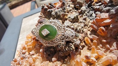 Vintage Art Deco Brooch 14k white gold filigree, jade, .030ct diamond