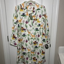 La Cera Forest Animals Long Sleeve Button Up Flannel Nightgown Pajamas Women s S
