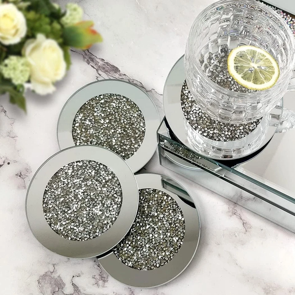 Glass Mirror Coasters Set of 4, Crushed Diamond Round, Dining Table - Image 3 of 4