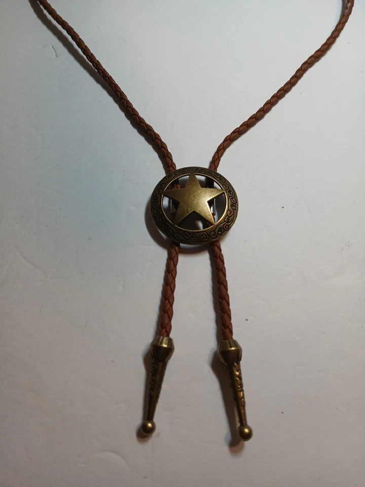 Texas Star Shape Bolo Tie W/4mm Braided Brown Cord W/1.25" Bronze Tips VERY NICE - Image 4 of 4