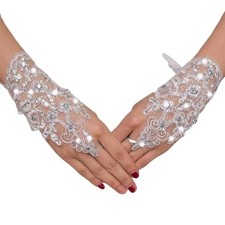 Bride Lace Fingerless Gloves Rhinestone Short Party Prom One Size White Wedding