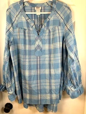 MONROE & MAIN Blouse Sz XL Blue White Plaid Ruffle Sleeve Peasant Tunic Top NWOT
