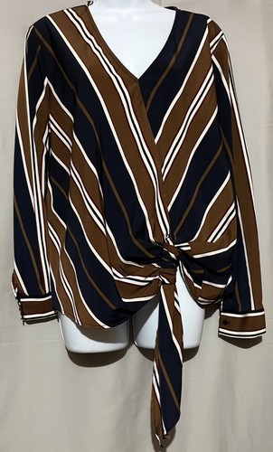 LUSH Damen Bluse Oberteil Gr. M dunkelblau weiß Wickeloptik langarm gestreift - Bild 1 von 3