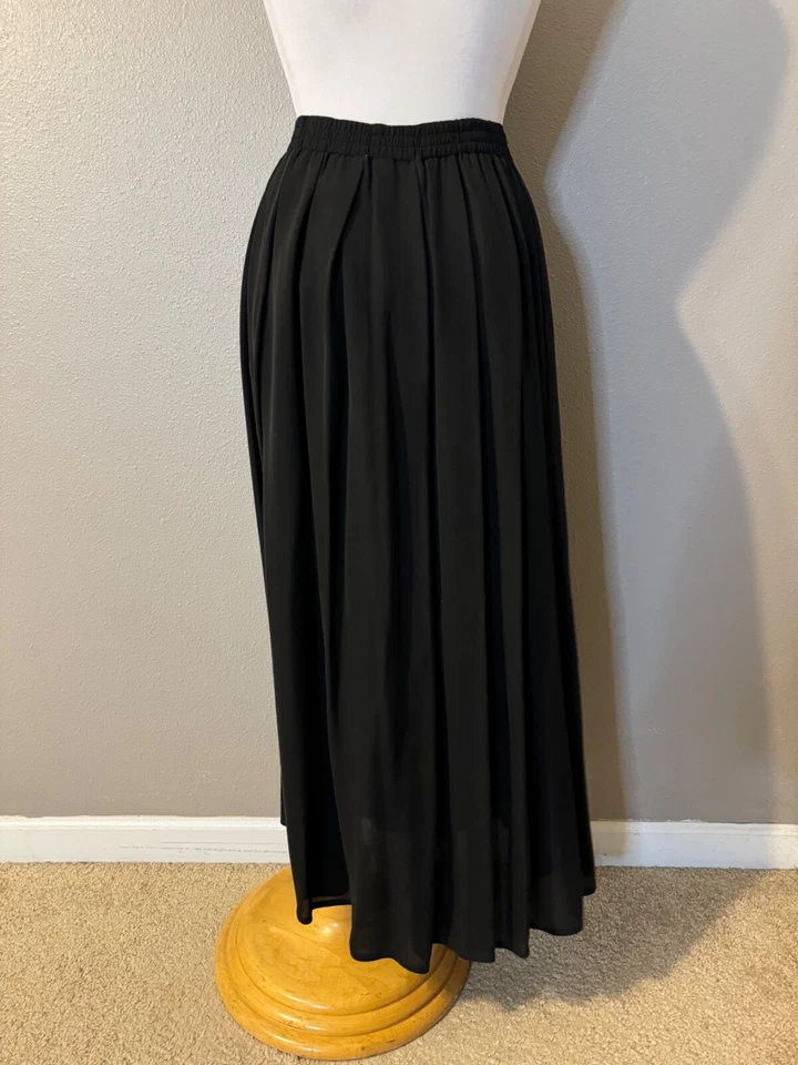 Anne Klein Midi Maxi A Line Skirt Large Black SILK Flowy Classic Flat Pleats - Image 2 of 4