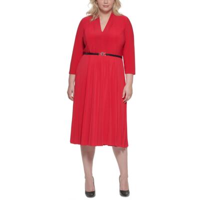 Tommy Hilfiger Womens Pleated V-Neck Work Midi Dress Plus BHFO 2737