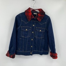 Faherty Andie Denim Jean Jacket Coat Red Black Plaid Check Women Snap New Small