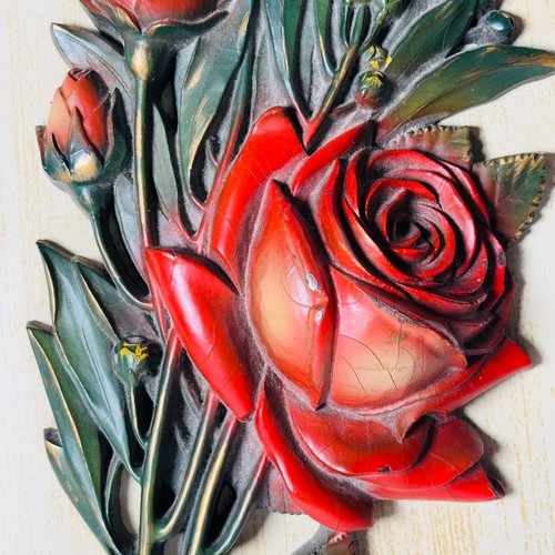 Two Burwood Wall Hanging Plaque Roses Red Coral MCM Vintage 60's Art Decor - Picture 8 of 12