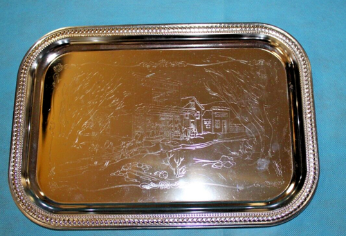 Vintage Silver Tone Metal Serving Tray Etched Made in Hong Kong 13" x 9" - Picture 2 of 6