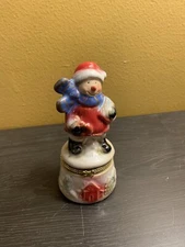 Greenbrier International Porcelain Limoge Hinged Christmas Snowman Trinket Box