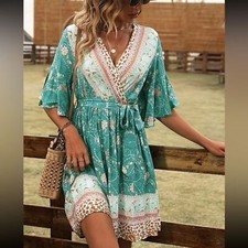 Floral print flounce sleeve belted dress