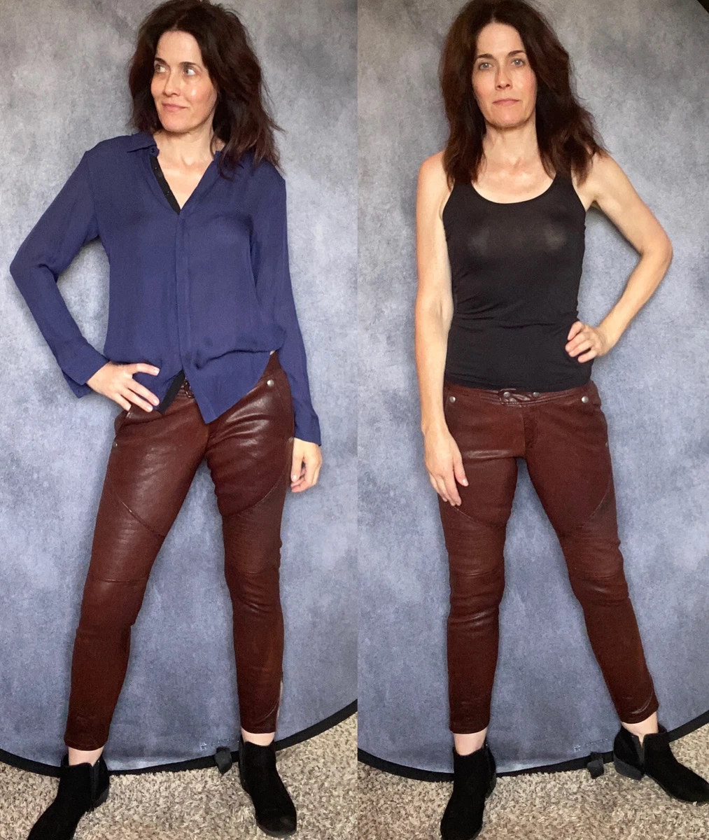895 ELIZABETH and JAMES Diedrick Brown Leather Moto Pants Sz 0 2