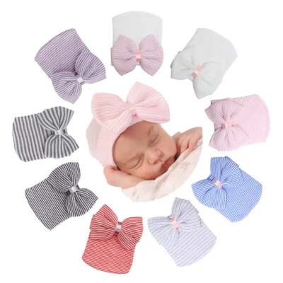 Newborn Baby Girls Infant Striped Soft Hat with Bow Cap Hospital Beanie headband