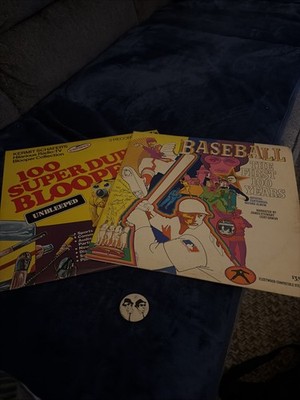 Vintage LPs and Blues Brothers pin - Super Duper Bloopers and Baseball First 100