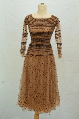 Self Portrait Mesh Polka Dot Dress Beige Black Sheer Tulle Ruched Size S