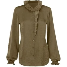Cabi The Icon Blouse Olive Green Ruffle Button Down Long Sleeve Top Womens L
