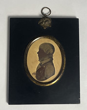 Antique Miniature Portrait Painting Silhouette Gilt Highlights Boy 19th Century