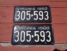 Vintage 1960 Virginia License Plates Pair 305-593 Metal Embossed