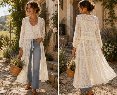 Ivory Lace Duster Cardigan Size XL Midi Regencycore Romantic Empire Waist Topper
