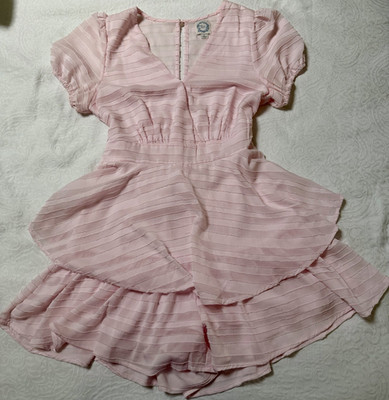 Blue Rain Pink Striped Ruffle Tiered Belted V-Neck Romper Women s L