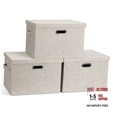Large Quart Collapsible Stackable Storage Bins with Lids, Large -3 Pack Beige