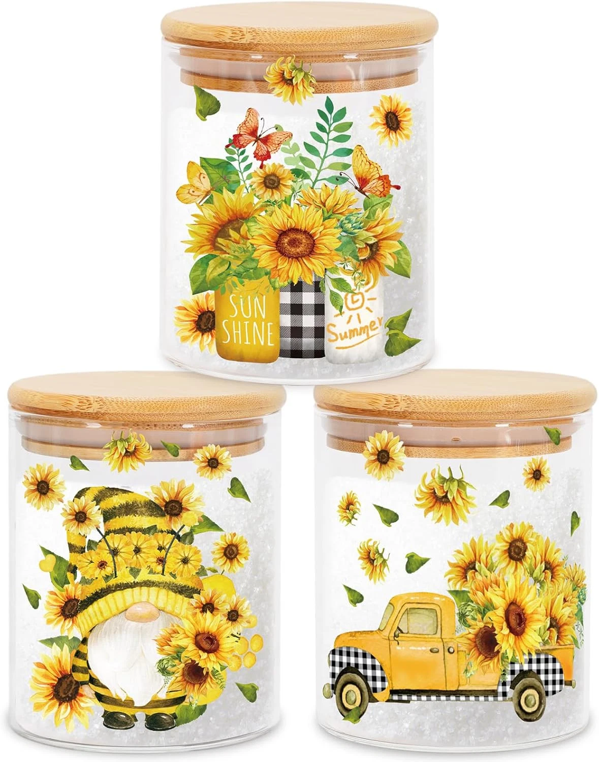 3Pcs Sunflower Glass Storage Jars with Airtight Bamboo Lid