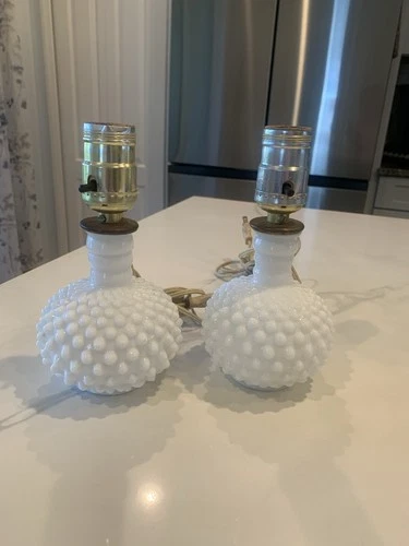 Vintage Pair Of Hobnail Milk Glass Table Lamps Works 7" tall  B006