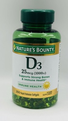 Nature's Bounty Vitamin D3 1000 IU Softgels 250 Count Exp 08/2029
